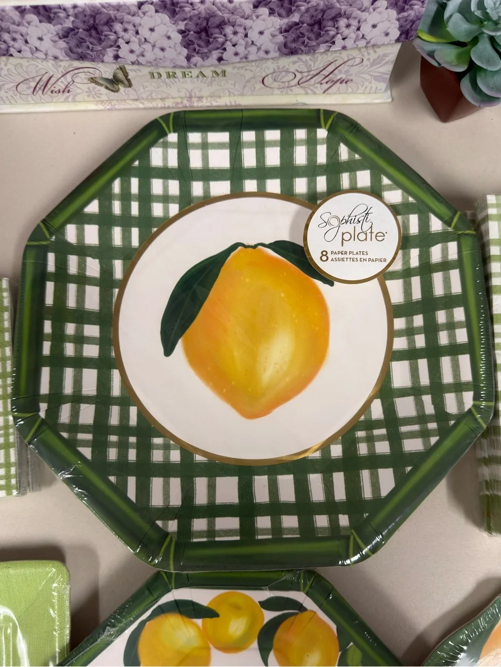 White Yellow Gold Green Lemon Plaid Coastal Summer Paper Plate Napkin Set